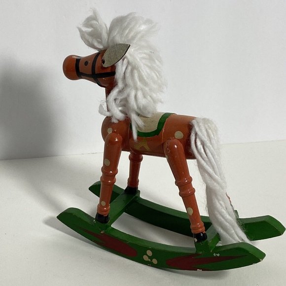 Christmas Rocking Horse Wood Vintage Figure Miniature White Green Brown 7in Tall - Picture 2 of 7